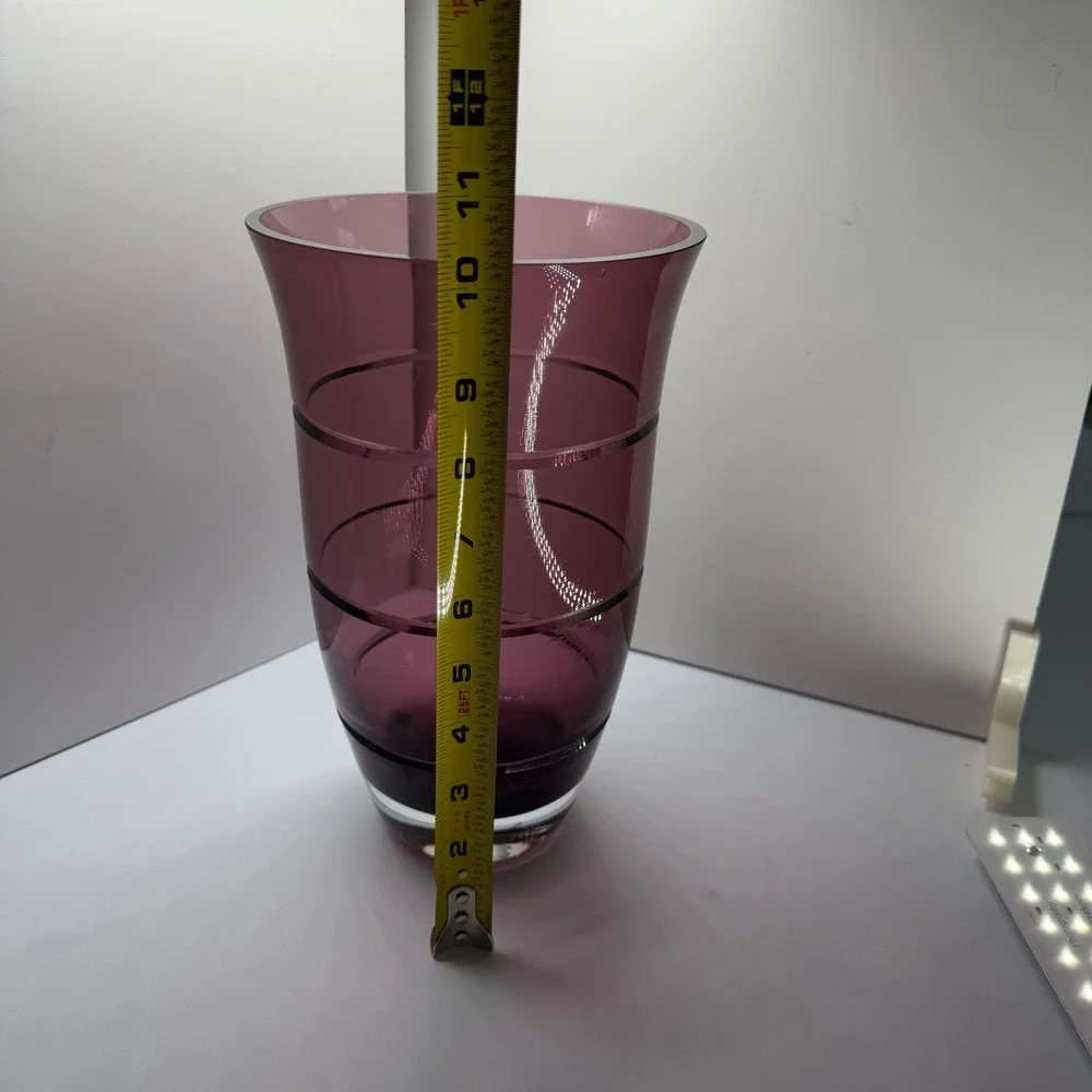 Plum‎ Purple Glass Vase Tapered Amethyst Decorative Flower Vessel Etched Bands
